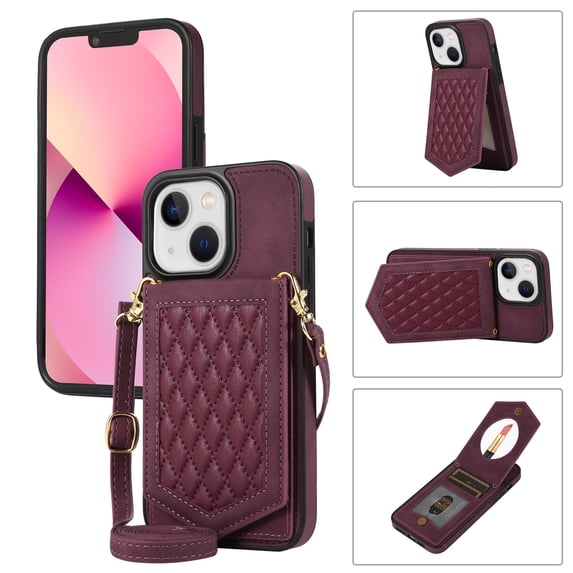 Tarise Crossbody Wallet Cover Case for Apple iPhone 14 with Card Holder, Removable Neck Strap/Shoulder Strap Kickstand Slim Purse Hidden Mirror Back Phone Cover for iPhone 14 5G 6.1" 2022, Red