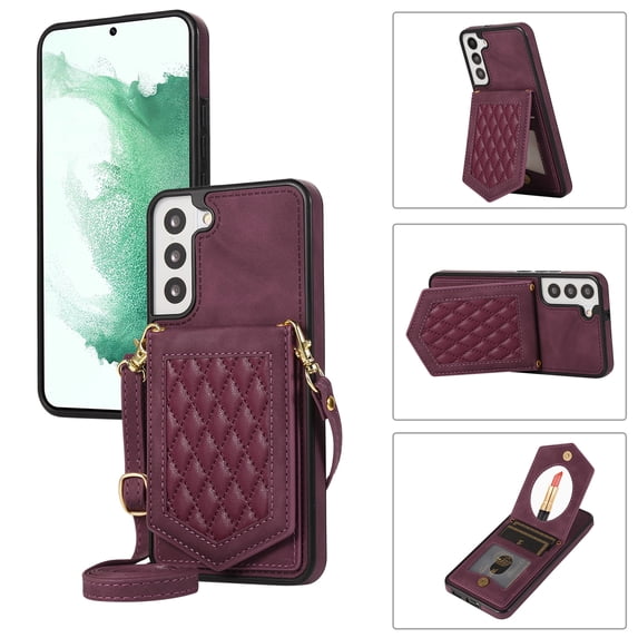 Tarise Crossbody Wallet Cover Case for Samsung Galaxy S22 with Card Holder, Removable Neck Strap/Shoulder Strap Kickstand Slim Purse Hidden Mirror Back Phone Cover for Samsung S22 5G 6.1", Wine Red
