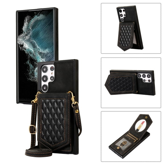 Tarise Crossbody Wallet Cover Case for Samsung Galaxy S23 Ultra with Card Holder, Neck Strap/Shoulder Strap Kickstand Slim Purse Hidden Mirror Back Phone Cover for Samsung S23 Ultra 5G 6.8", Black