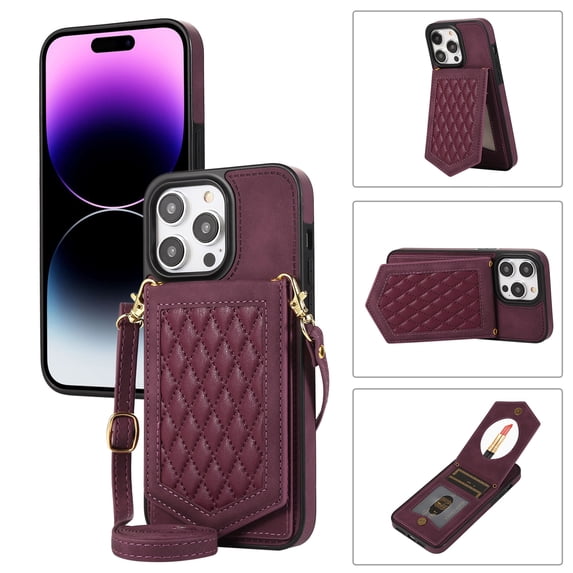 Tarise Crossbody Wallet Cover Case for iPhone 14 Pro with Card Holder, Removable Neck Strap/Shoulder Strap Kickstand Slim Purse Hidden Mirror Back Phone Cover for iPhone 14 Pro 5G 6.1" 2022, Winered