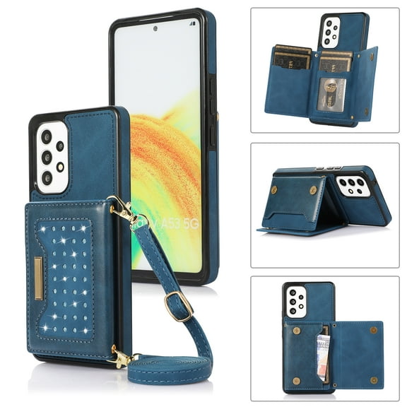 Tarise Galaxy A53 Wallet Case Cover for Women Men, Glitter PU Leather Crossbody/Shoulder Strap RFID Blocking Kickstand Magnetic Clasp Phone Case for Samsung Galaxy A53 5G 6.5 inch 2022, Blue