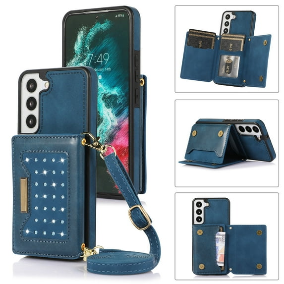 Tarise Galaxy S21 Wallet Case Cover for Women Men, Glitter PU Leather Crossbody/Shoulder Strap RFID Blocking Kickstand Magnetic Clasp Phone Case for Samsung Galaxy S21 5G 6.2 inch 2021, Blue