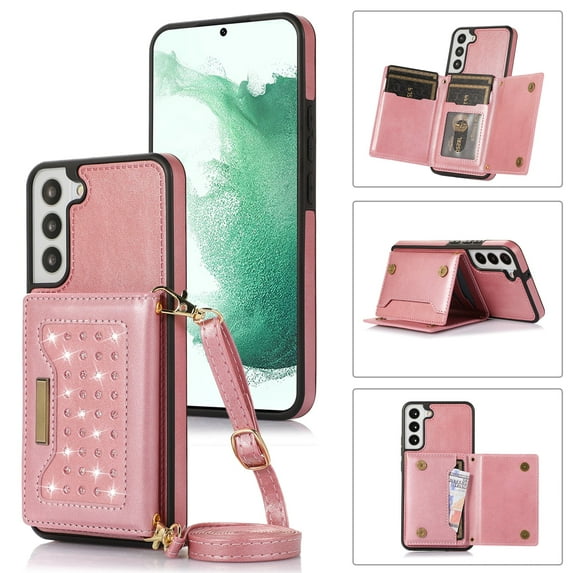 Tarise Galaxy S22 Wallet Case Cover for Women Men, Glitter PU Leather Crossbody/Shoulder Strap RFID Blocking Kickstand Magnetic Clasp Phone Case for Samsung Galaxy S22 5G 6.1 inch 2022, Pink