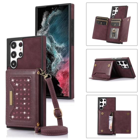 Tarise Galaxy S23 Ultra Wallet Case Cover for Women Men, Glitter PU Leather Crossbody Strap RFID Blocking Kickstand Magnetic Clasp Phone Case for Samsung Galaxy S23 Ultra 5G 6.8 inch 2023, Winered