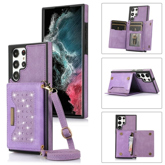 Tarise Galaxy S23 Ultra Wallet Case Cover for Women Men, Glitter PU Leather Crossbody Strap RFID Blocking Kickstand Magnetic Clasp Phone Case for Samsung Galaxy S23 Ultra 5G 6.8 inch 2023, Purple