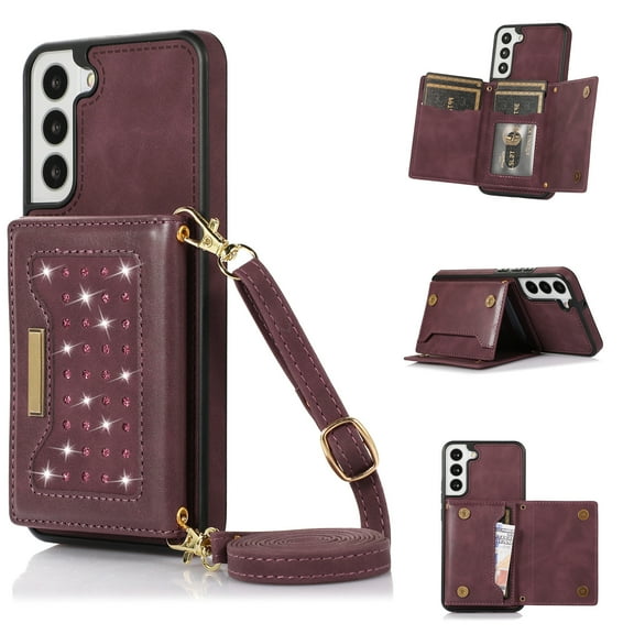 Tarise Galaxy S23 Wallet Case Cover for Women Men, Glitter PU Leather Crossbody/Shoulder Strap RFID Blocking Kickstand Magnetic Clasp Phone Case for Samsung Galaxy S23 5G 6.1 inch 2023, Winered