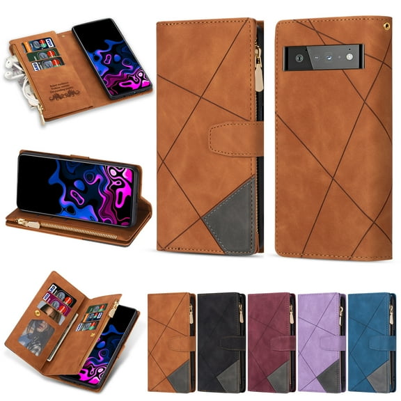Tarise for Google Pixel 6 Case Zipper Wallet with 9 Card Holder, Pixel 6 Case for Women Men, Strap Wristlet Wristband Magnetic Closure Kickstand Flip Phone Cover for Google Pixel 6 5G 6.4", Brown