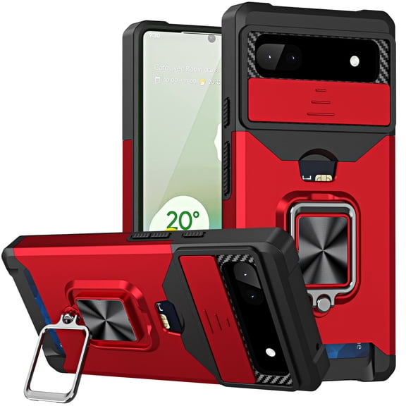 Tarise for Google Pixel 6a Case with Card Holder Ring Kickstand Slide Camera Cover Pixel 6a 5g Case Heavy Duty Protection Shockproof Rugged Protective for Google Pixel 6a Phone Case Cover 2022, Red