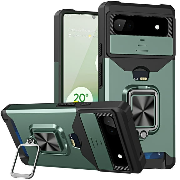 Tarise for Google Pixel 6a Case with Card Holder Ring Kickstand Slide Camera Cover Pixel 6a 5g Case Heavy Duty Protection Shockproof Rugged Protective for Google Pixel 6a Phone Case Cover , Darkgreen