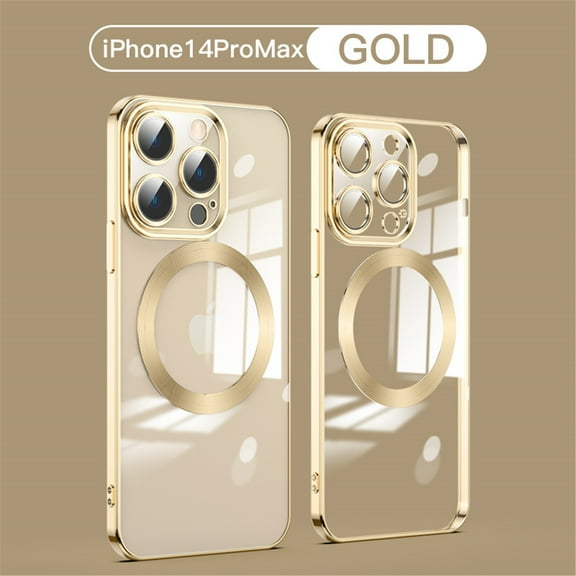 Tarise Magnetic Cover for Apple iPhone 14 Pro Max 6.7", iPhone 14 Pro Max Clear Case with Magsafe, Shockproof Non-Yellowing Clear Plating Slim Phone Cover Case with Camera Lens Protector, Gold