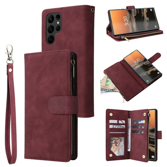 Tarise Phone Case for Samsung Galaxy S22 Ultra, Galaxy S22 Ultra Wallet Case with Zipper for Women Men, PU Leather Magnetic Flip Kickstand Closure Wrist Strap Zipper Card Holder Phone Cases, Winered