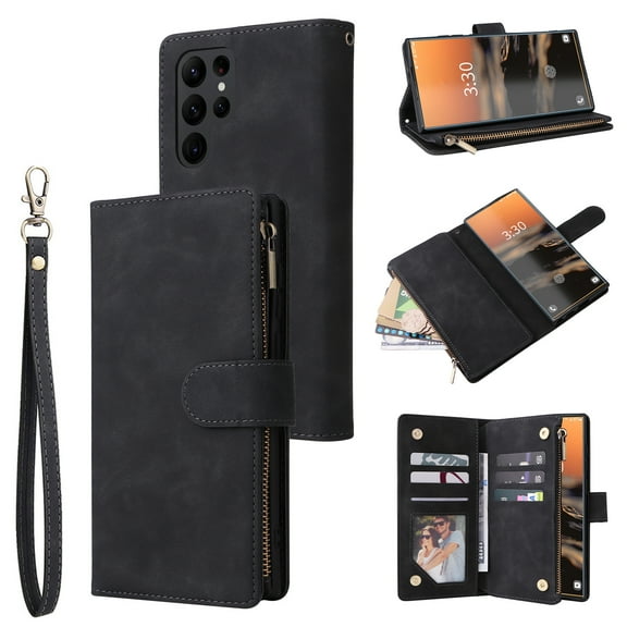 Tarise Phone Case for Samsung Galaxy S23 Ultra, Galaxy S23 Ultra Wallet Case with Zipper for Women Men, PU Leather Magnetic Flip Kickstand Closure Wrist Strap Zipper Card Holder Phone Cases, Black