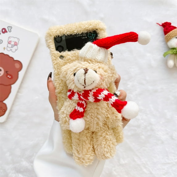 Tarise Plush Christmas Cover Case for Samsung Galaxy Z Flip 4 5G, Cute Fuzzy Fluffy Plush Winter Warm Case for Girls Women Kids, Shockproof Protective Case Cover for Samsung Z Flip 4 6.7", Beige