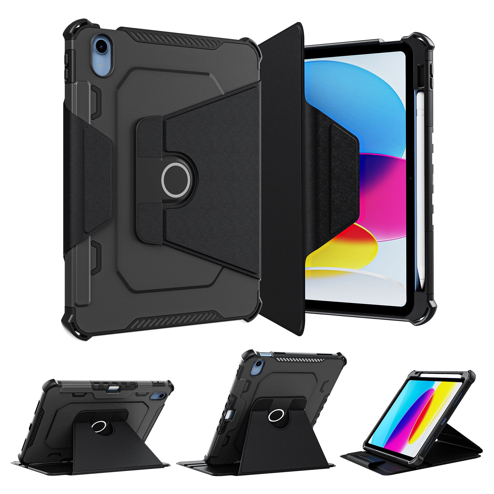 Tarise Rotating Cover Case for Apple iPad 10th Generation 10.9 Inch Tablet (2022 Model) with Pencil Holder, Auto Sleep/Wake 360 Degree Swivel Stand TPU Frame Hard Back Cover for iPad 10 10.9", Black