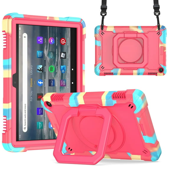 Tarise Rugged Kids Case for Kindle Fire HD 8 & Fire HD 8 Plus Tablet (12th Generation 2022 Release), Heavy Duty Shockproof 360°Swivel Ring Stand Handle Case Cover for Kindle Fire 8, Colorful/Rose
