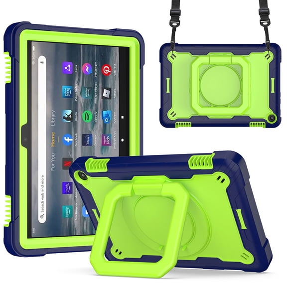 Tarise Rugged Kids Case for Kindle Fire HD 8 & Fire HD 8 Plus Tablet (12th Generation 2022 Release), Heavy Duty Shockproof 360°Swivel Ring Stand Handle Case Cover for Kindle Fire 8, Navy/Green