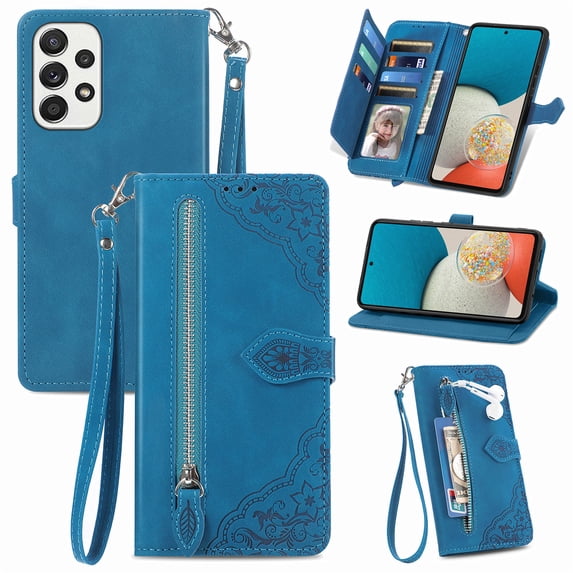 Tarise for Samsung A53 5G Wallet Case for Men Women, Galaxy A53 5G Cover, Embossed PU Leather Magnet Buckle Card Slots Zipper Pocket Lanyard Wrist Strap Handbag All-inclusive Protective Case, Blue