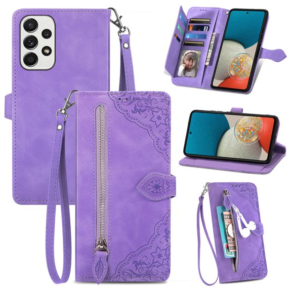 Tarise for Samsung A53 5G Wallet Case for Men Women, Galaxy A53 5G Cover, Embossed PU Leather Magnet Buckle Card Slots Zipper Pocket Lanyard Wrist Strap Handbag All-inclusive Protective Case, Purple