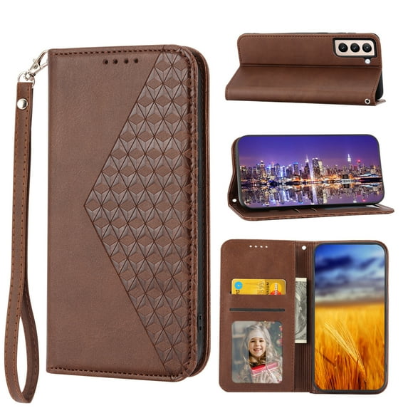 Tarise for Samsung Galaxy S21 5G Flip Cover, Luxury PU Leather Shockproof Folding Kickstand Card Holder Pocket Wallet Wrist Strap Handbag Magnetic Closure Phone Case for Samsung S21 6.2 inch, Brown
