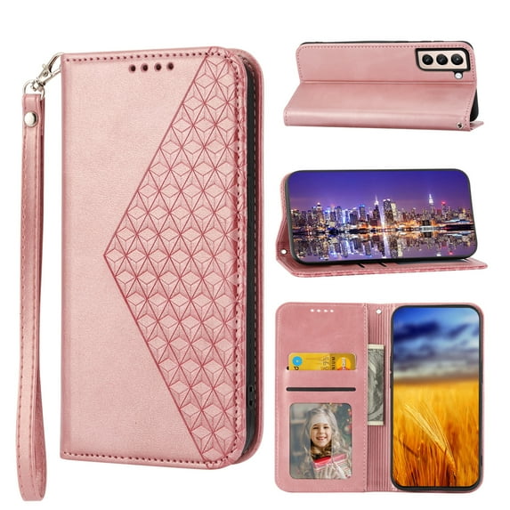 Tarise for Samsung Galaxy S21 Plus 5G Flip Cover, Luxury PU Leather Shockproof Folding Kickstand Card Holder Pocket Wallet Wrist Strap Handbag Magnetic Phone Case for Samsung S21 Plus 6.7", Rosegold