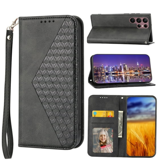 Tarise for Samsung Galaxy S21 Ultra 5G Flip Cover, Luxury PU Leather Shockproof Folding Kickstand Card Holder Pocket Wallet Wrist Strap Handbag Phone Case for Samsung S21 Ultra 6.8 inch, Black