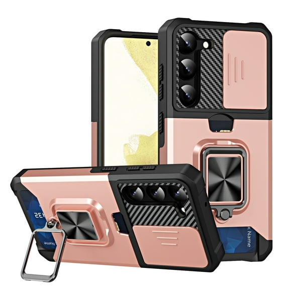 Tarise for Samsung Galaxy S22+ 5G Case with Card Holder Ring Kickstand Slide Camera Cover S22 Plus 5g Case Heavy Duty Protection Shockproof Rugged for Samsung S22 Plus Phone Cases Cover 2022 Rosegold