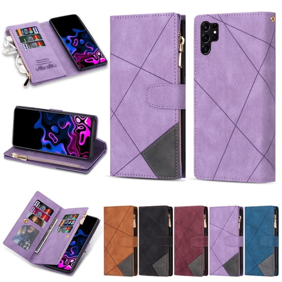 Tarise for Samsung Galaxy S22 Ultra 5G Case Zipper Wallet with 9 Card Holder, S22 Ultra Case for Women Men, Strap Wristlet Wristband Magnetic Flip Phone Cover for Samsung S22 Ultra 5G 6.8", Purple