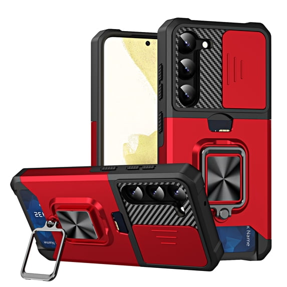Tarise for Samsung Galaxy S23 5G Case with Card Holder Ring Kickstand Slide Camera Cover S23 5g Case Heavy Duty Protection Shockproof Rugged Protective for Samsung S23 Phone Cases Cover 2023 Red