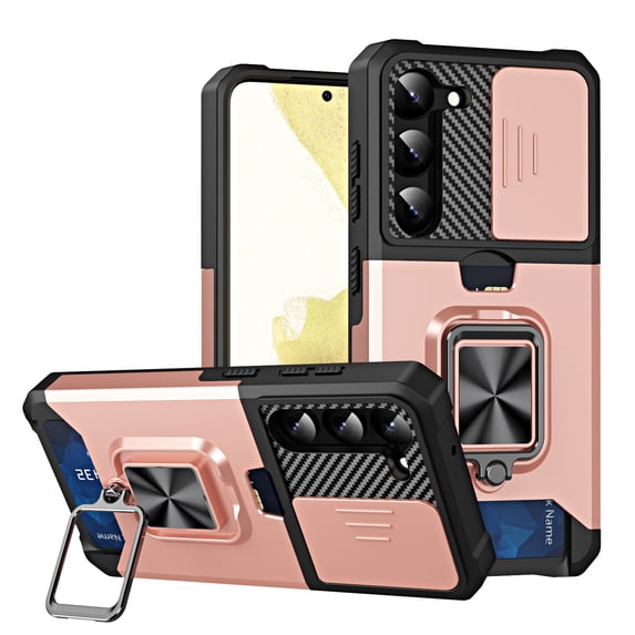 Tarise for Samsung Galaxy S23+ 5G Case with Card Holder Ring Kickstand Slide Camera Cover S23 Plus 5g Case Heavy Duty Protection Shockproof Rugged for Samsung S23 Plus Phone Cases Cover 2023 Rosegold