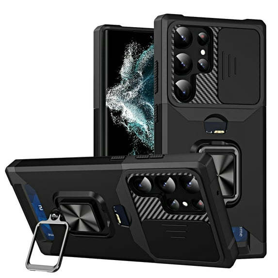 Tarise for Samsung Galaxy S23 Ultra 5G Case with Card Holder Ring Kickstand Slide Camera Cover S23 Ultra 5g Case Heavy Duty Protection Shockproof Rugged for Samsung S23 Ultra Phone Cover 2023 Black