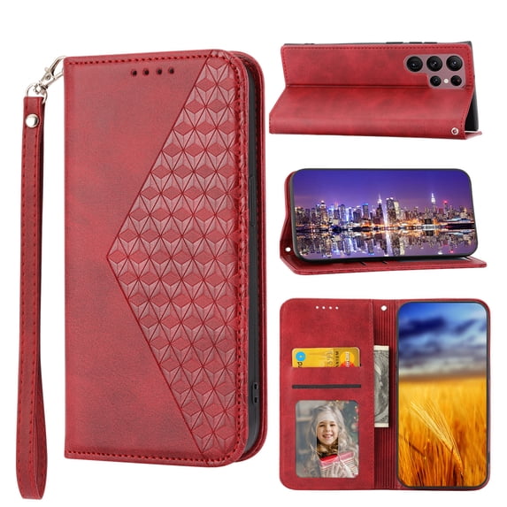 Tarise for Samsung Galaxy S23 Ultra 5G Flip Cover, Luxury PU Leather Shockproof Folding Kickstand Card Holder Pocket Wallet Wrist Strap Handbag Phone Case for Samsung S23 Ultra 6.8 inch, Red