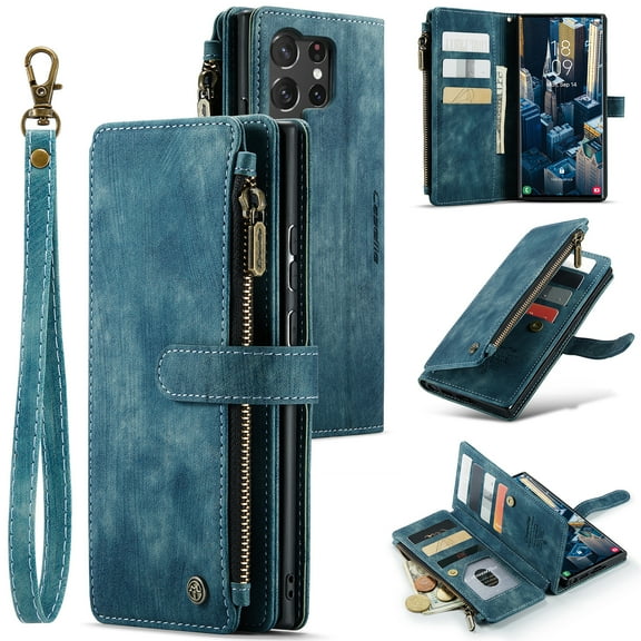 Tarise for Samsung Galaxy S23 Ultra Case Wallet for Women and Men, Galaxy S23 Ultra Case, PU Leather Magnetic Flip Wristlet Zipper Card Holder Business Cover for Samsung S23 Ultra 5G (6.8"), Blue