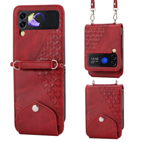 Tarise for Samsung Galaxy Z Flip 3 5G Case Cover, Luxury PU Leather Shockproof Folding Kickstand Card Holder Pocket Wallet Crossbody Strap Handbag Phone Case for Samsung Z Flip3 6.7 inch, Red