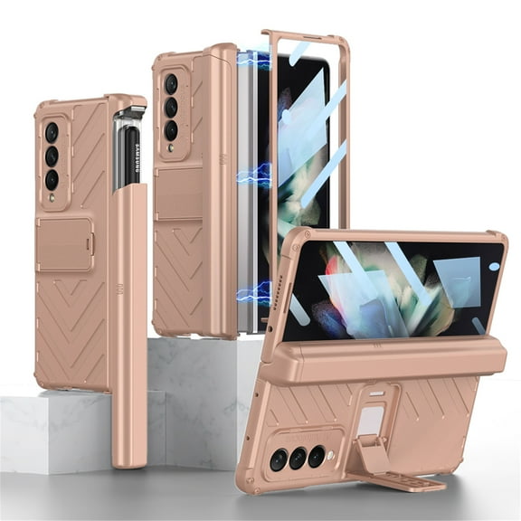 Tarise for Samsung Galaxy Z Fold 3 Case with S Pen Holder, [Kickstand] [HD Tempered Film] [Hinge Protection] Shockproof Hybrid Magnetic All-Inclusive Case Cover for Samsung Z Fold 3 5G 7.6", Rosegold