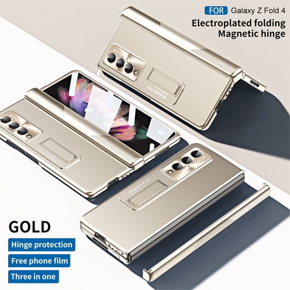 Tarise for Samsung Galaxy Z Fold 4 Case with Screen Protector & Kickstand & Hinge Protection & HD Camera Lens Protector, Anti-Fingerprint Anti-Scratch Luxury Case Cover for Samsung Z Fold4, Gold