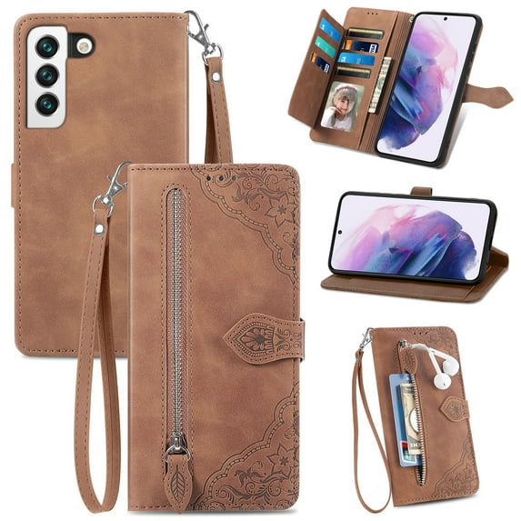 Tarise for Samsung S21 FE 5G Phone Wallet Case for Men Women, Galaxy S21 FE 5G Cover, Embossed PU Leather Magnet Buckle Card Slots Zipper Pocket Lanyard Wrist Strap Handbag All-inclusive Case, Brown