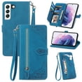 thumbnail image 1 of Tarise for Samsung S21 Plus Wallet Case for Men Women, Galaxy S21+ 5G Cover, Embossed Premium PU Leather Magnet Buckle Card Slots Zipper Pocket Lanyard Wrist Strap Handbag All-inclusive Case, Blue, 1 of 7