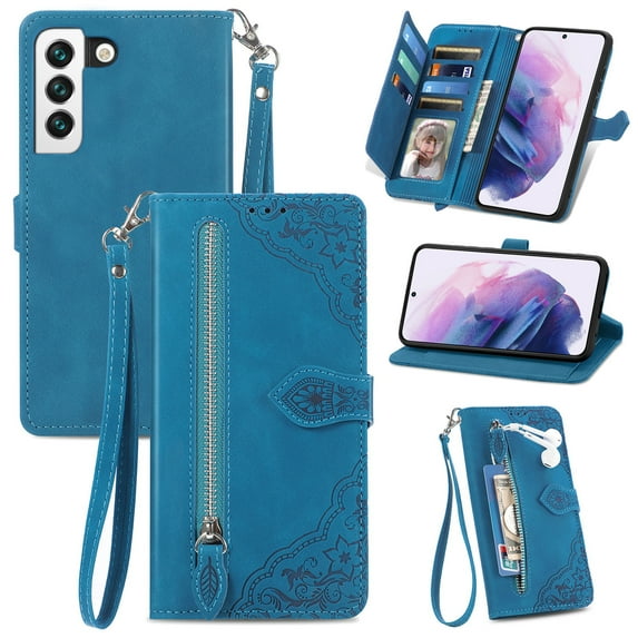 Tarise for Samsung S23 5G Wallet Case for Men Women, Galaxy S23 5G Cover, Embossed PU Leather Magnet Buckle Card Slots Zipper Pocket Lanyard Wrist Strap Handbag All-inclusive Protective Case, Blue