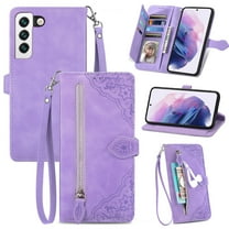 Tarise for Samsung S23 5G Wallet Case for Men Women, Galaxy S23 5G Cover, Embossed PU Leather Magnet Buckle Card Slots Zipper Pocket Lanyard Wrist Strap Handbag All-inclusive Protective Case, Purple