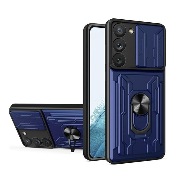 Tarise Wallet Case for Samsung Galaxy S23 5G with Camera Cover & Kickstand,Slide Lens Protection Card Holder Slot 360°Rotate Ring Hybrid Rugged Bumper Shockproof Case Cover for Samsung S23 5G, Blue