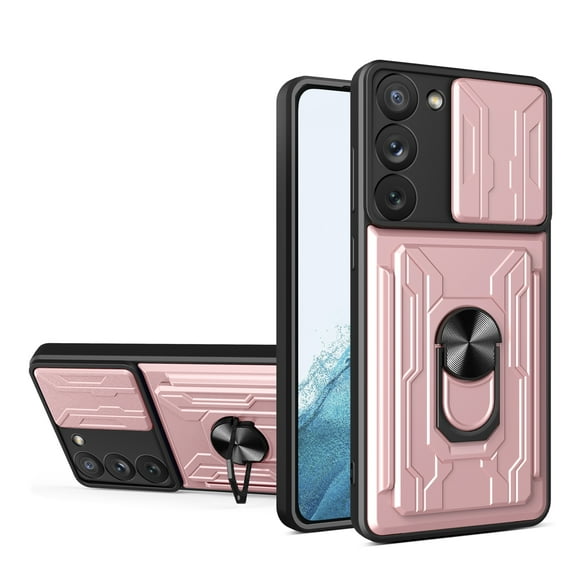 Tarise Wallet Case for Samsung Galaxy S23 Plus 5G with Camera Cover & Kickstand,Slide Lens Protection Card Holder Slot 360°Rotate Ring Hybrid Rugged Bumper Case Cover for Samsung S23+ 5G, Rosegold