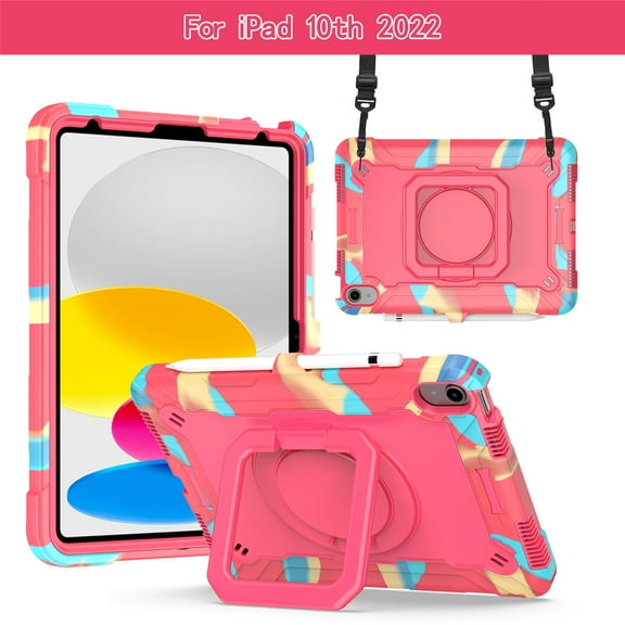 Tarise iPad 10th Generation Case 10.9 inch 2022, Penci Holder Drop Proof 360°Swivel Ring Stand Shoulder Strap Handle Rugged Kids Girls Women Men Case Cover for iPad 10th Gen 10.9" 5G, Rose/Colorful