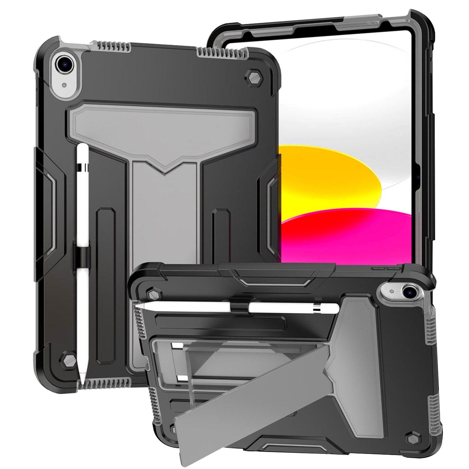 Tarise for iPad 10th Generation Case with Pencil Holder & Kickstand, Shockproof Drop Proof Kids Friendly Rugged Full Body Protective Case Cover for Apple iPad 10.9 Inch 10th Gen 2022, Black+Gray