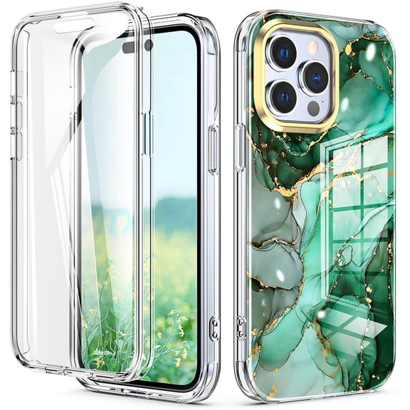 Tarise iPhone 14 Pro Max Case with Screen Protector, [Wireless Charging] Shockproof Drop Proof Dual Layer Rugged Hybid Back Cover with TPU Impact Resistant for Apple iPhone 14 Pro Max, Green Marble