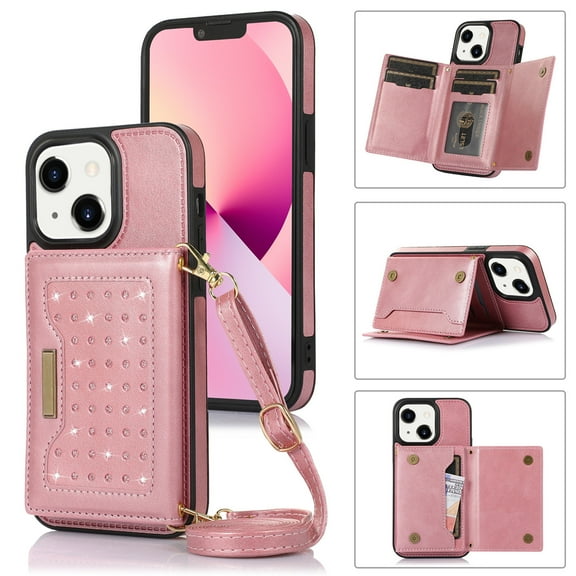 Tarise iPhone 14 Wallet Case Cover for Women Men, iPhone 14 Case with Strap, Glitter PU Leather Crossbody Strap RFID Blocking Kickstand Magnetic Clasp Phone Case for iPhone 14 6.1 inch 2022, Pink