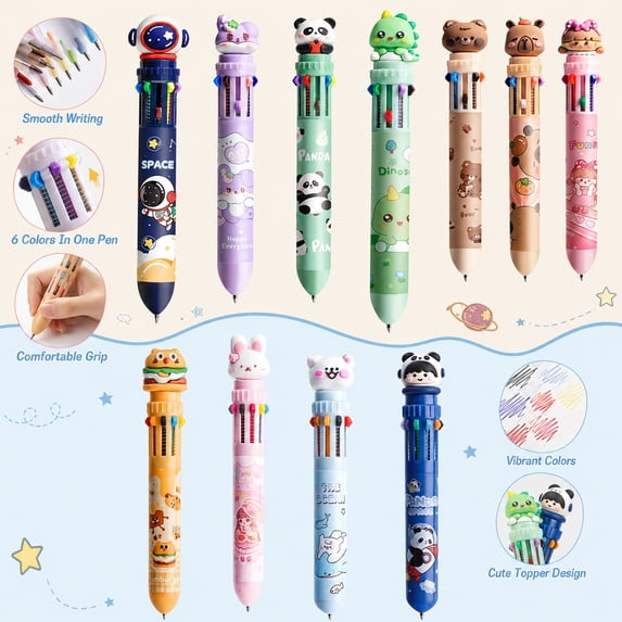 Tarmeek 10-Color Retractable Ballpoint Pen with Cute Character Topper, Multi-Color Pen for Color Coding Notes, Creative Colored Ballpoint Pen for Office and Daily Art Supplies