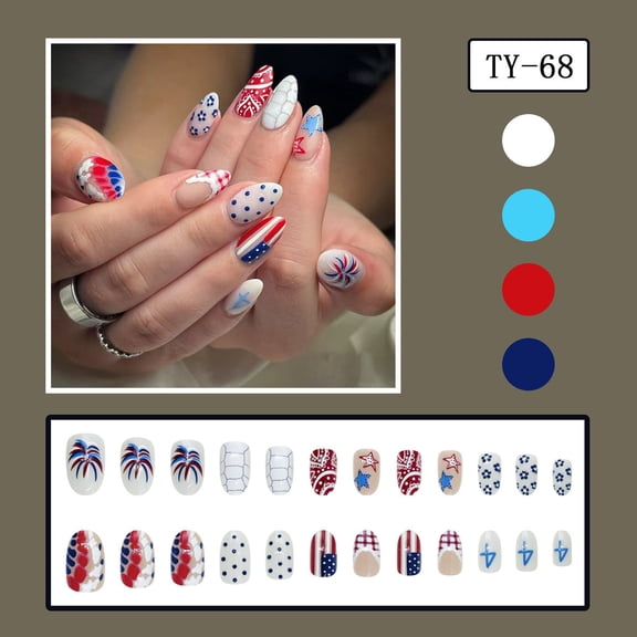 Tarmeek 24 Pcs American Flag Polka Dot Boho Firework 4th of July Design Press on Nails Short Almond Fake Nails Reusable with Adhesive Included for Independence Day Party