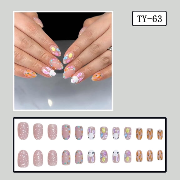 Tarmeek 24 Pcs Easter Cartoon Bunny Carrot Egg Graffiti Design Short Oval Press on Nails Fake Nails Acrylic False Nails Tips with Adhesive, Reusable Full Cover Nail Art for Women