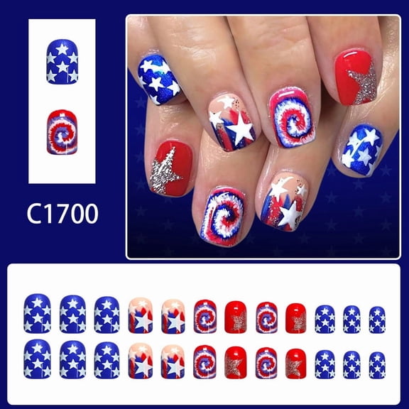 Memorial Day Saving! 4th of July Decorations, 24 Pcs Press on Nails Short Square Glitter Stars Red Blue Patriotic Design for Independence Day Party Reusable False Nails with Adhesive