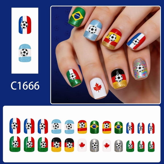 Tarmeek 24 Pcs Short Square Flag Maple Leaf Soccer Football Press on Nails Glossy Shiny Fake Nails Set Reusable with Adhesive Included for Women Girls Fans